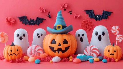 Halloween background creative design. Abstract horizontal banner Halloween day. Realistic 3d cartoon style. Festive themed header for website. Holiday poster in purple colors. Vector illustration.