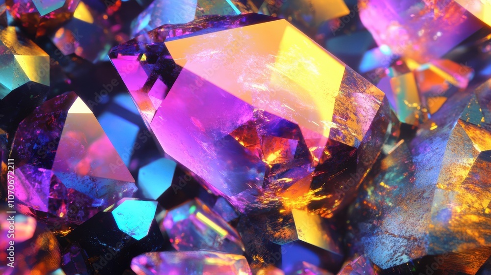 Poster close-up of vibrant, multi-colored gemstones reflecting light, creating a dazzling visual display.