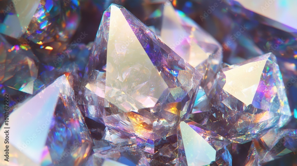 Poster close-up of sparkling crystals reflecting light with a vibrant array of colors.
