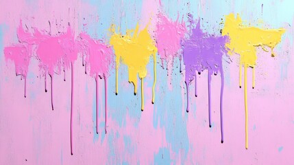 Fototapeta premium Colorful abstract paint drips create a vibrant, artistic backdrop in shades of pink, yellow, and purple.