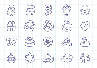 Kawaii Christmas icon set. Collection of cute hand drawn monochrome illustrations (Santa, deer, candle, holly berry, candy cane etc.) on a checkered background.