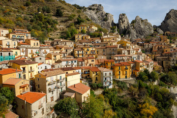 The picturesque village of Castelmezzano on the scenic rocks of the of the Apennines Dolomiti...