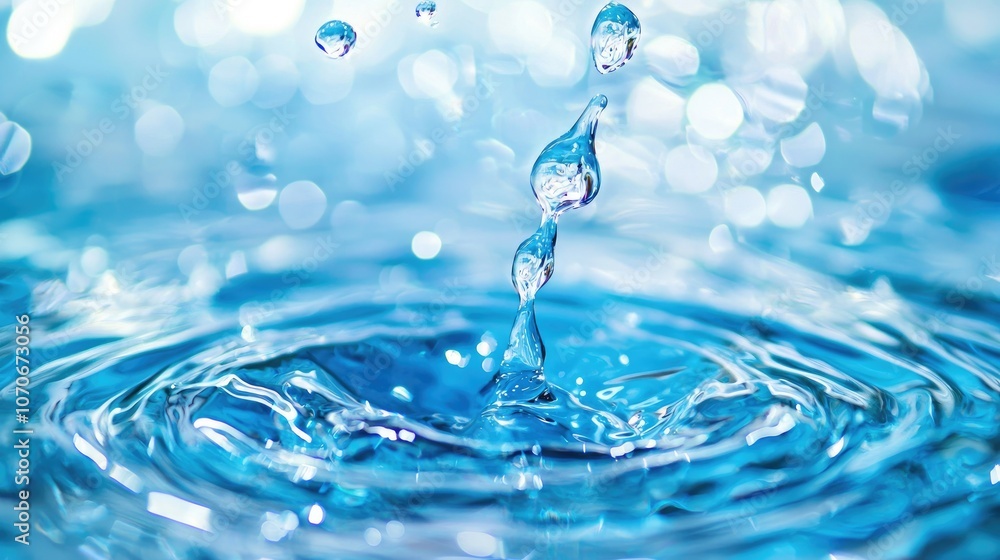 Poster water droplets falling on a blue surface, creating ripples and a splash, with a bokeh background.