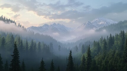 Stunning mountain landscape with misty valleys and lush evergreens under a serene sky.