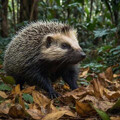Fototapeta premium A porcupine snuffling through fallen leaves in a jungle setting.