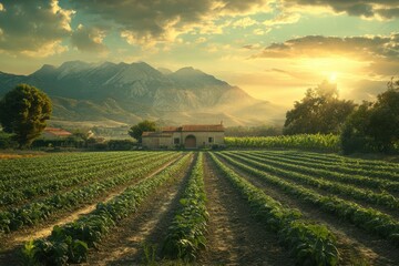 Fototapeta premium Serene Farmland at Sunrise with Rows of Vegetables