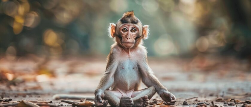 A baby monkey sits cross-legged, meditating in focus amidst a forest backdrop. Its serene pose exudes warmth and friendliness.