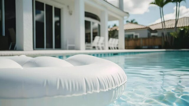 Enjoy a peaceful moment as the gentle waves ripple around a cozy floaty in the sparkling blue pool under a bright sky