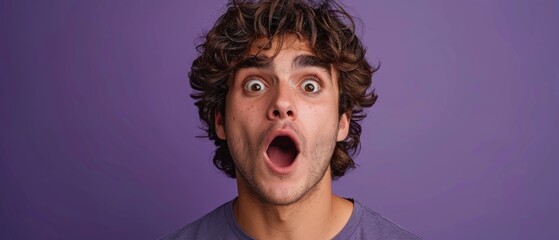 Portrait of a young man with curly hair, eyes wide in surprise, mouth agape against a purple background. Intense expression denotes shock or sudden realization.