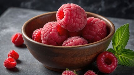 A bowl filled with fresh raspberries and a mint leaf, showcasing vibrant colors and textures.