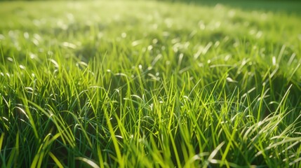 Close-up image of a bright green grass patch in a blurred field. Sunlight backlighting creates a serene atmosphere, inviting viewers to connect with nature.