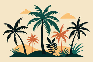 Hand drawn tropical palm trees. Vector set of hawaii beach palm tree, fern and frond outline, botany flora tropical