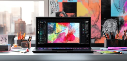 A sleek laptop displaying a vibrant design software interface, surrounded by colorful sketches and digital art tools on a modern workspace.