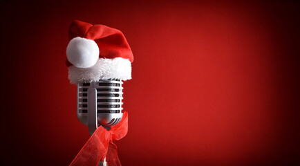 Detail of retro Christmas microphone with hat isolated dark red