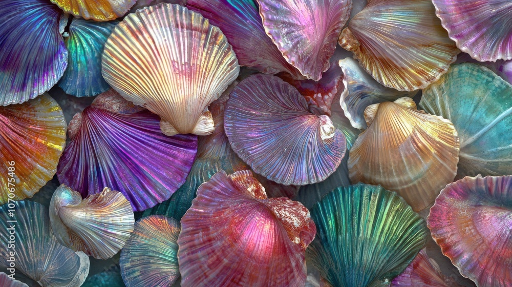 Poster a vibrant collection of iridescent seashells in a variety of colors and shapes, creating a stunning 