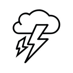 Thunderstorm Icon with Lightning Bolt and Cloud, Black outline icon showing a cloud with two lightning bolts, symbolizing a thunderstorm, weather alert, and electricity.
