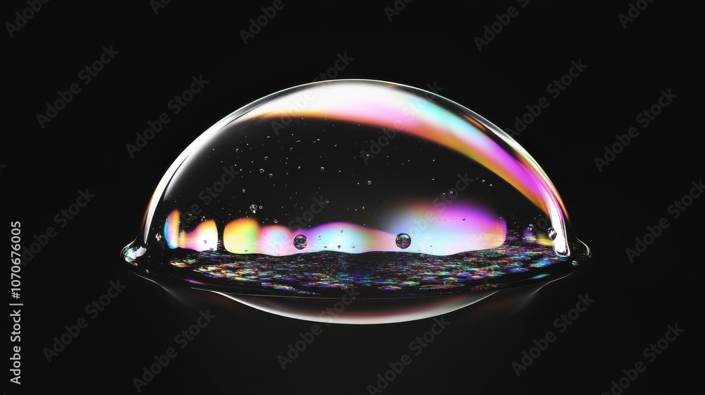 Poster Close-up of a colorful soap bubble reflecting light and creating an iridescent effect against a dark background.