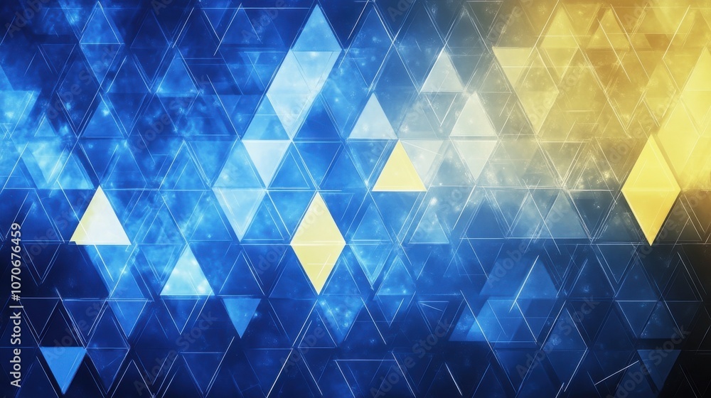Poster Abstract geometric background with blue and yellow triangles creating a dynamic visual effect.