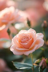 Exquisitely blooming pink rose, illuminated by soft light, capturing nature's elegance and the essence of romance.