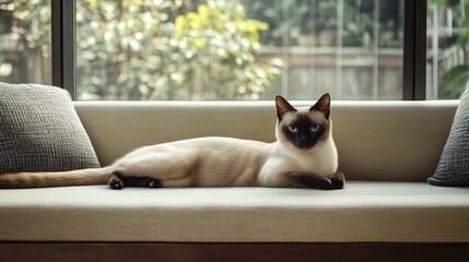 A graceful Siamese cat enjoys a relaxed moment on a stylish modern sofa surrounded by bright natural light filtering through the windows. The serene atmosphere creates a perfect spot for lounging
