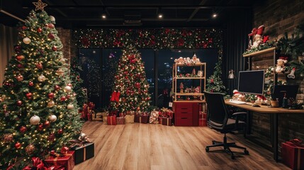 Christmas tree in modern office near big window and building view in city