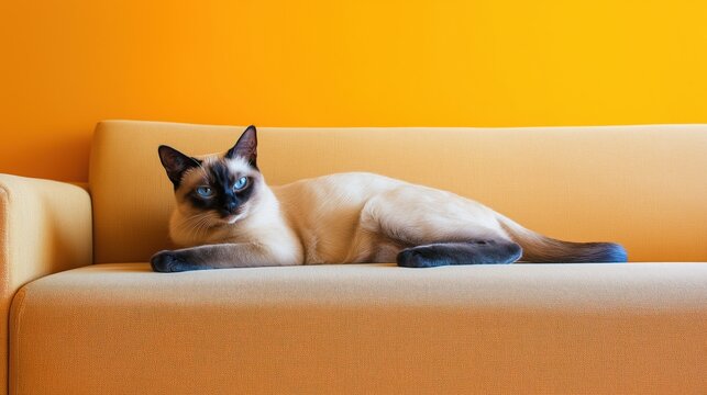 A graceful Siamese cat relaxes on a stylish modern sofa showcasing a blend of comfort and elegance in a vibrant sunlit room characterized by minimalist decor - Powered by Adobe