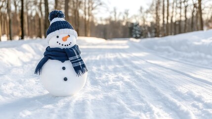 Obraz premium A friendly snowman wearing a hat and scarf stands on pristine snow creating a delightful winter atmosphere amidst a serene snowy forest during the holiday season