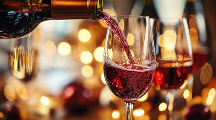 Wine Pouring into Glass with Bokeh Background