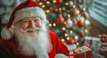 Smiling Santa Claus in front of a beautifully decorated Christmas tree with ample copy space