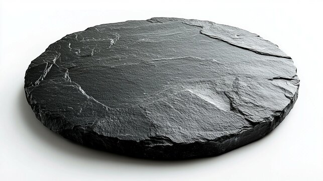 A round rustic black slate plate resting on a clean white surface, showcasing its textured surface and dark color.