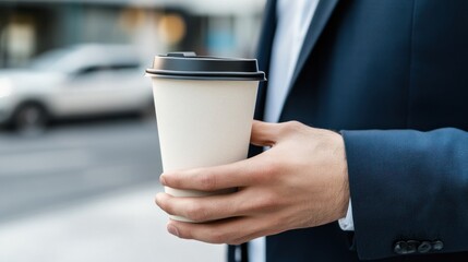 A businessman strides down the street on his way to the office holding a cup of coffee. The urban environment provides a backdrop to his busy morning routine as he prepares for the day ahead