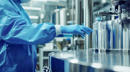 A technician in blue protective gear is loading medical laboratory liquid into a stainless steel tank at a biotechnology manufacturing facility