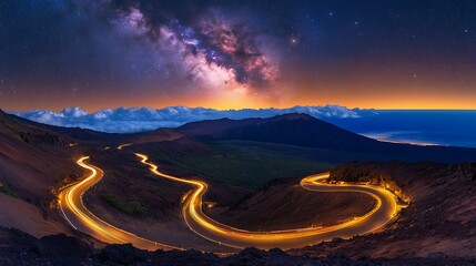 Fototapeta premium A winding road leads to the peak under a starry sky with distant mountains and ocean at twilight