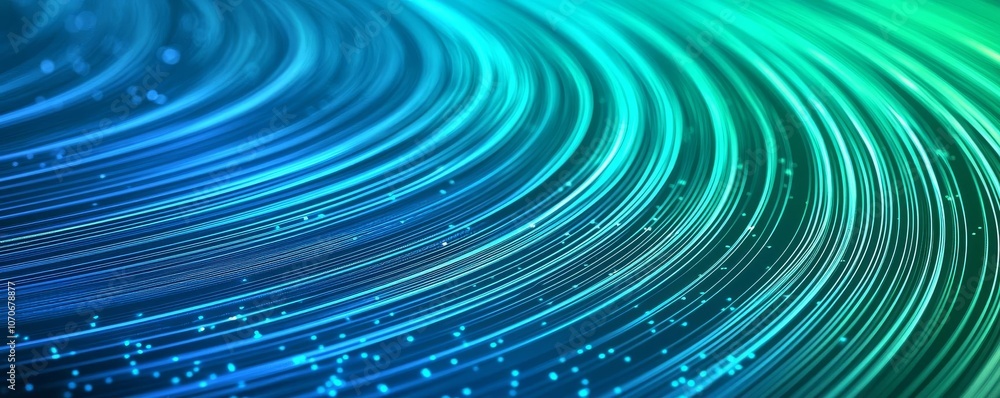 Poster abstract wave design in blue and green hues with sparkling particles.