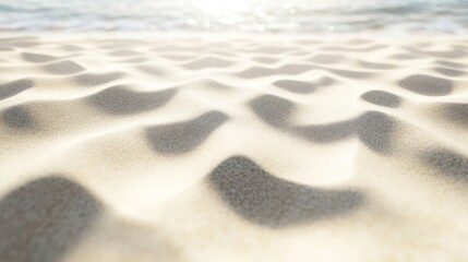 A serene view of sunlit sand with gentle ripples, evoking a peaceful, tranquil beach atmosphere.