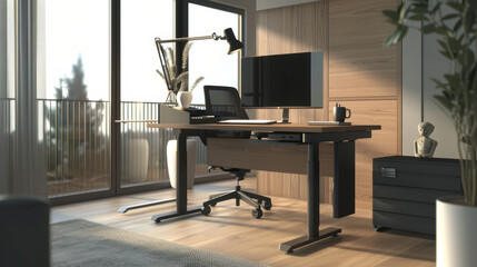 A modern office desk with a laptop, two monitors, and a keyboard