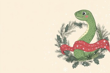 This cute cartoon features a funny green snake cozily nestled in a Christmas wreath adorned with a red scarf. The light beige background adds to the whimsical charm of the design