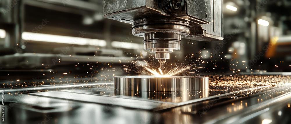 Poster cnc machine cutting metal part in a factory with sparks flying and dramatic lighting effects in a re