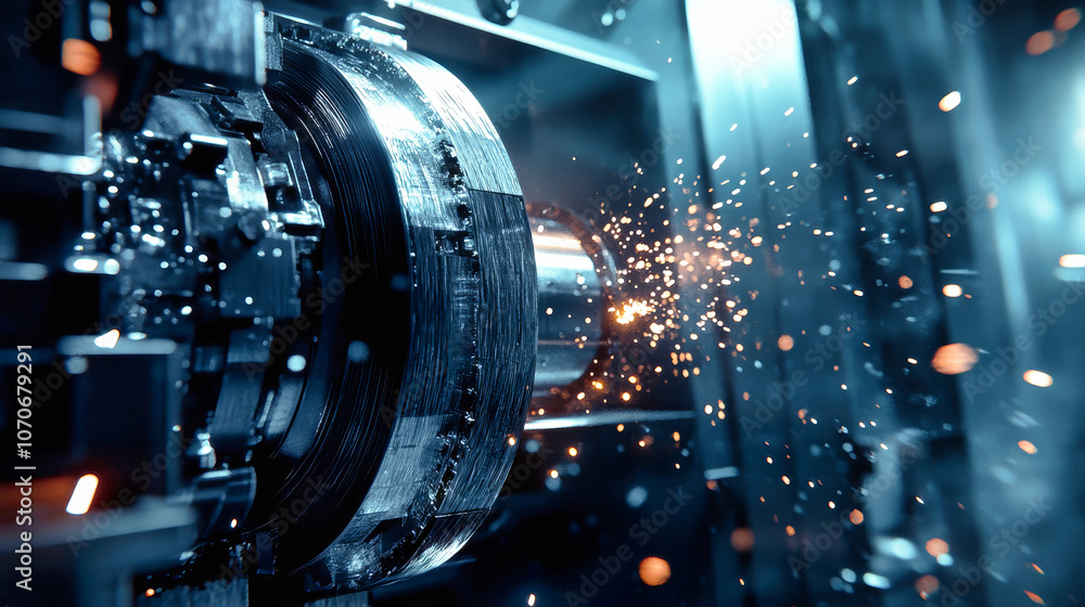 Poster close-up of a vertical cnc router operating on a metal part with lens flares and sparks in a modern 