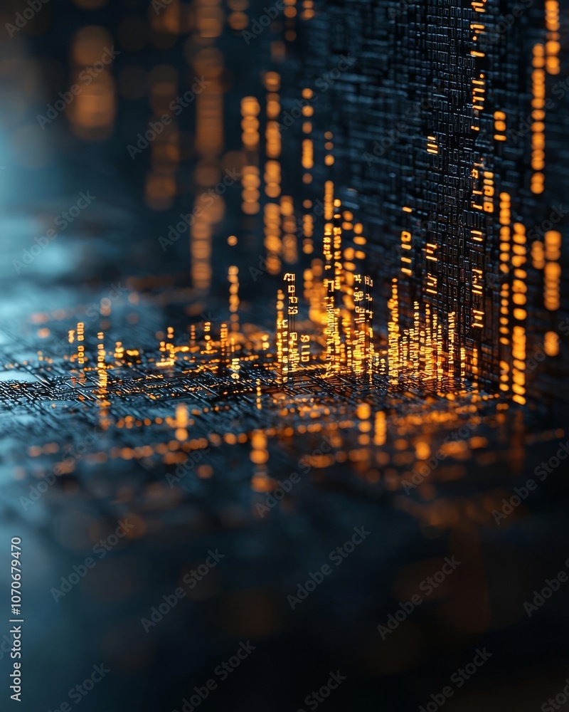 Poster abstract representation of digital data and cybernetic structures, dark background.