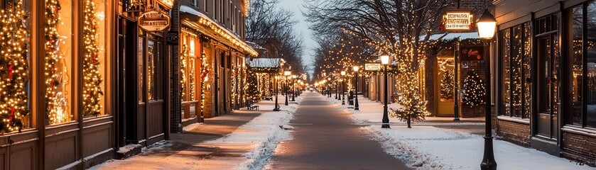 Fototapeta premium A charming, snowy street lined with festive holiday lights and decorations, creating a magical winter atmosphere.