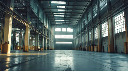 Spacious empty warehouse with concrete floor and high ceilings, ideal for industrial demonstrations and presentations