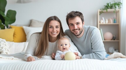 Obraz premium Happy Family Portrait: Parents and Baby on Bed