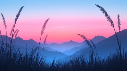 Silhouetted grass against a serene gradient sky at dawn, enhancing the tranquil beauty of the mountains.