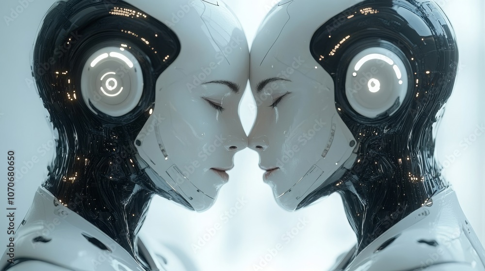 Poster two advanced ai assistant robots facing each other in a future tech environment
