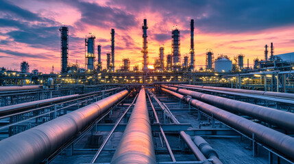 A stunning sunset over an oil refinery with extensive industrial pipes showcasing the energy sector's scale and technology