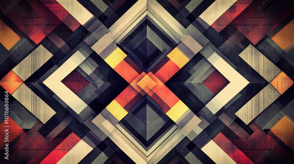 Poster a vibrant and intricate geometric pattern showcasing rich colors and sharp lines, evoking a modern a