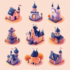 Magic castle halloween set isometric vector flat isolated illustration. Castles video game isometric assets medieval buildings from old rocks and bricks 3d houses vector old fort. © Pickoloh