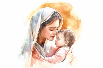 Mother and child embrace in a soft watercolor depiction of Virgin Mary with baby Jesus against a light orange backdrop