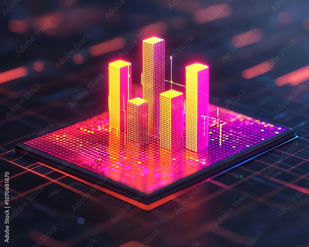 Aufkleber futuristic data visualization with glowing bars on a digital background.